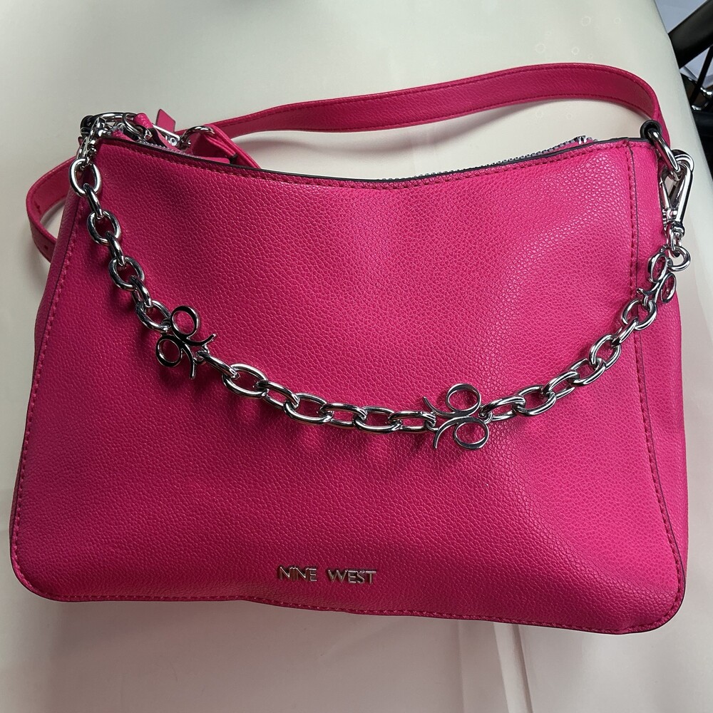 ★ Nine West Hot Pink Shoulder Crossbody Bag Silver Bow Chain Double Zip
